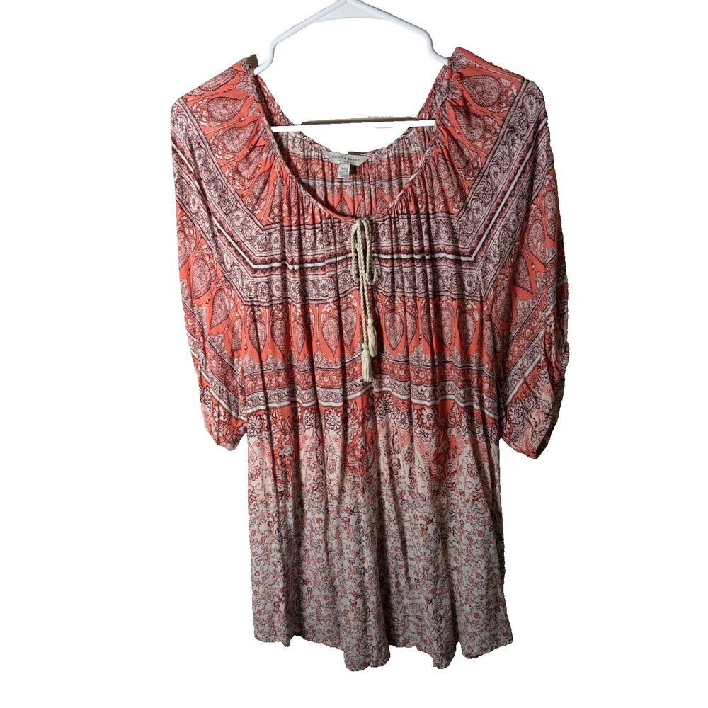 Lucky Brand Blouse Women's 1X Round Neck Short Sleeve Tie Boho Casual Top